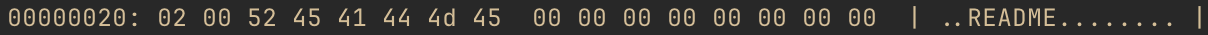Hex dump of block 46 at offset 0x20 showing the README directory entry: bytes 02 00 for inum 2, followed by ASCII bytes for README and null padding