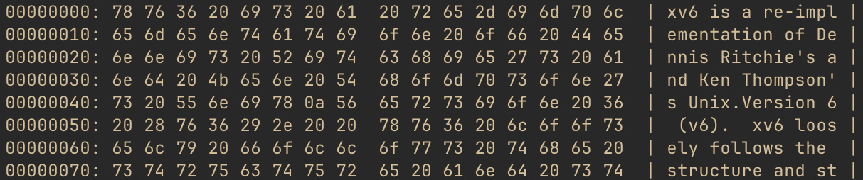 Hex dump of block 47 showing ASCII text content of the xv6 README file, with readable text visible in the right column including the start of the README