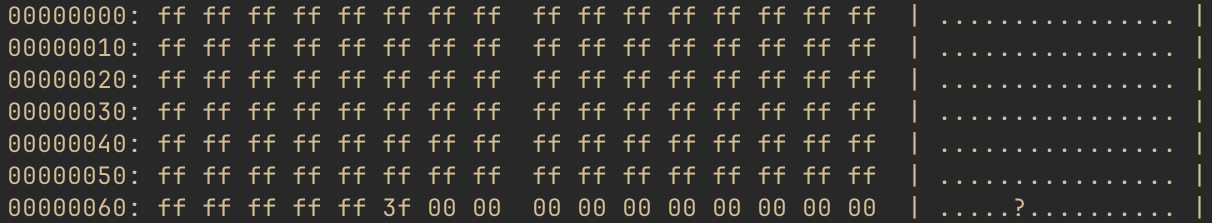 Hex dump of block 4 showing remnant bitmap data from a previous transaction, with bit patterns indicating block allocation status