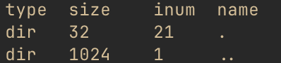 Screenshot of xv6fs ls command for test-dir showing only dot and dotdot entries, with dot pointing to inum 21 and dotdot pointing to inum 1